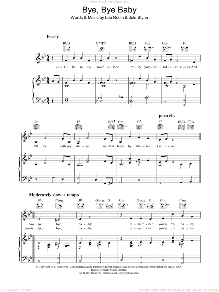 Bye Bye Baby sheet music for voice, piano or guitar by Marilyn Monroe, Jule Styne and Leo Robin, intermediate skill level