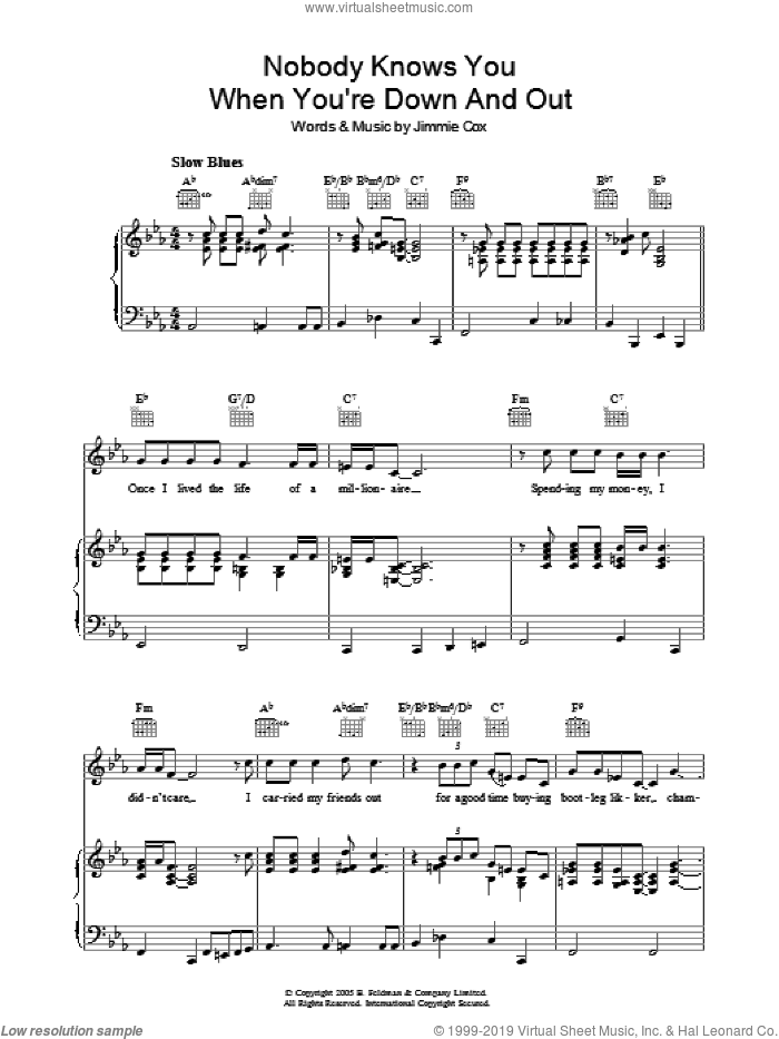 Nobody Knows You When You're Down And Out sheet music for voice, piano or guitar by Jimmie Cox, intermediate skill level