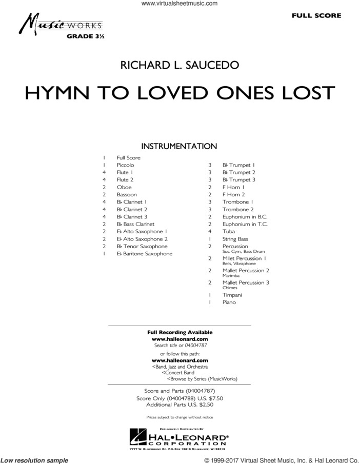 Hymn to Loved Ones Lost (COMPLETE) sheet music for concert band by Richard L. Saucedo, intermediate skill level
