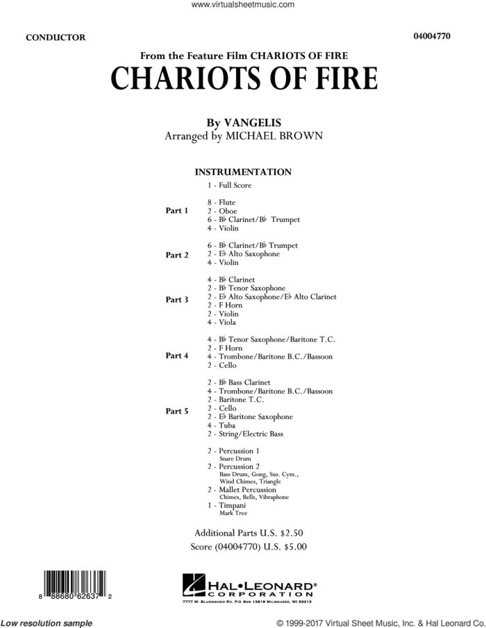 Chariots of Fire (COMPLETE) sheet music for concert band by Michael Brown and Vangelis, intermediate skill level