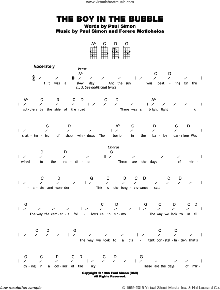 The Boy In The Bubble sheet music for ukulele (chords) by Paul Simon and Forere Motloheloa, intermediate skill level