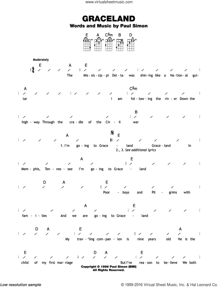 Graceland sheet music for ukulele (chords) by Paul Simon, intermediate skill level