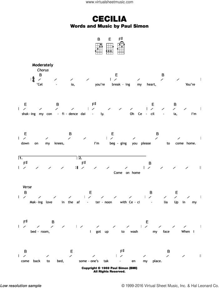 Cecilia sheet music for ukulele (chords) by Paul Simon, intermediate skill level