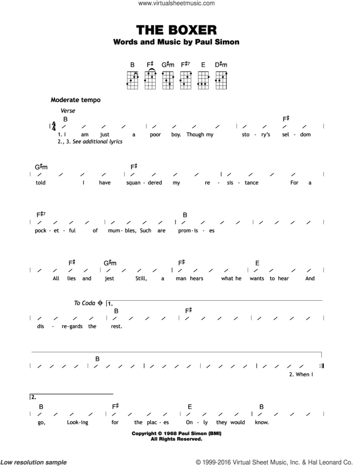 The Boxer sheet music for ukulele (chords) by Simon & Garfunkel, Paul & Garfunkel, Art Simon and Paul Simon, intermediate skill level
