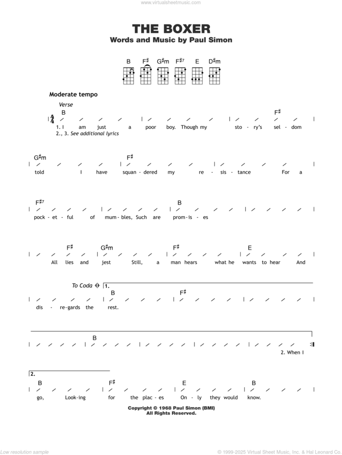 The Boxer sheet music for ukulele (chords) by Simon & Garfunkel, Paul & Garfunkel, Art Simon and Paul Simon, intermediate skill level