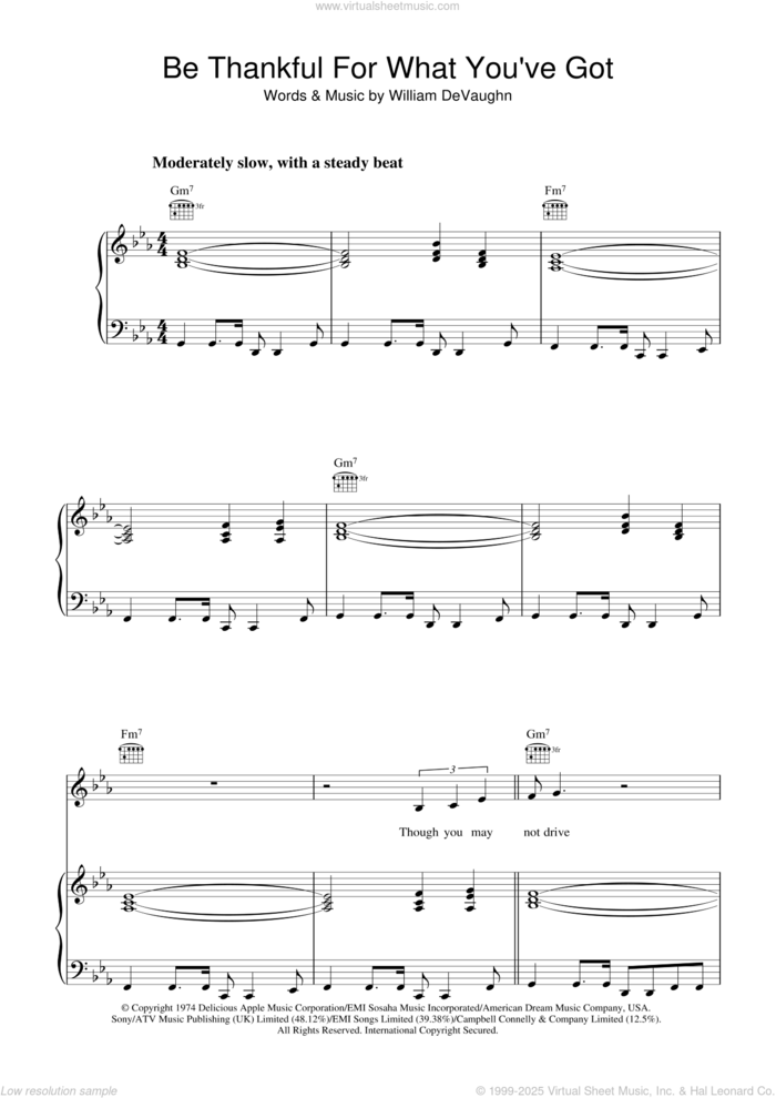 Be Thankful For What You Got sheet music for voice, piano or guitar by William DeVaughan and William DeVaughn, intermediate skill level