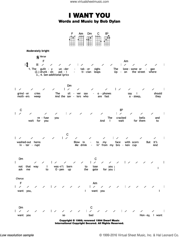 I Want You sheet music for ukulele (chords) by Bob Dylan, intermediate skill level