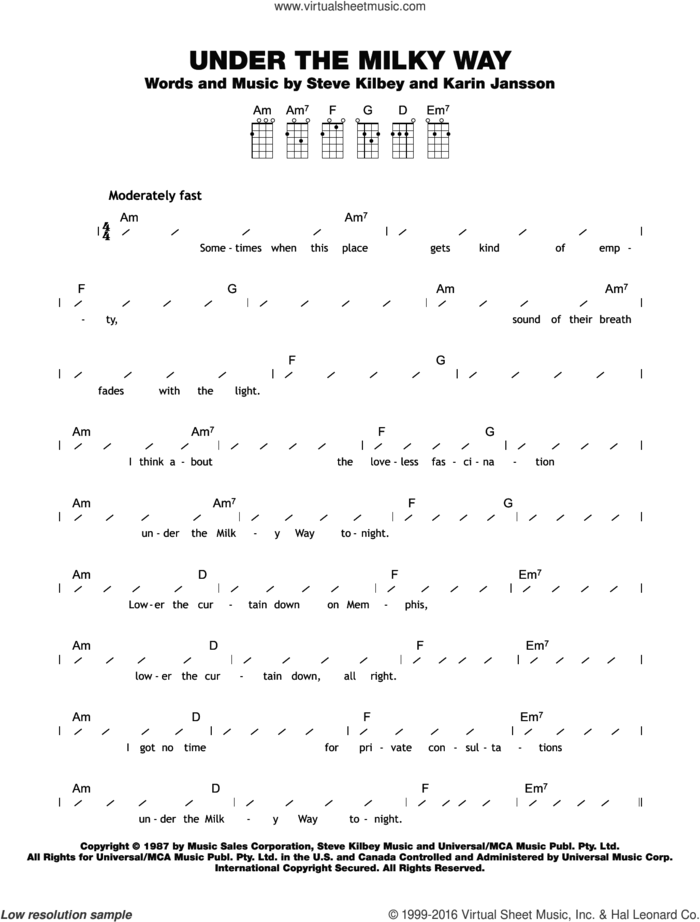 Under The Milky Way sheet music for ukulele (chords) by The Church, Karin Jansson and Steve Kilbey, intermediate skill level
