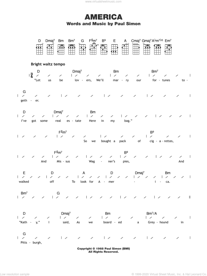 America sheet music for ukulele (chords) by Simon & Garfunkel and Paul Simon, intermediate skill level