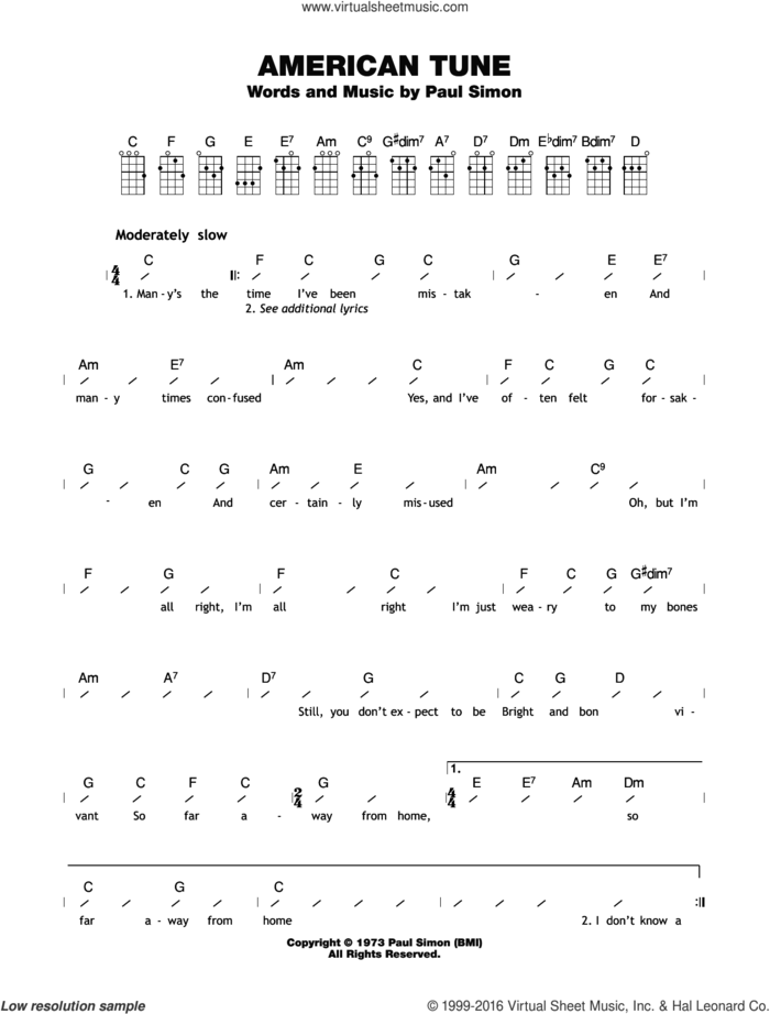 American Tune sheet music for ukulele (chords) by Paul Simon and Eva Cassidy, intermediate skill level