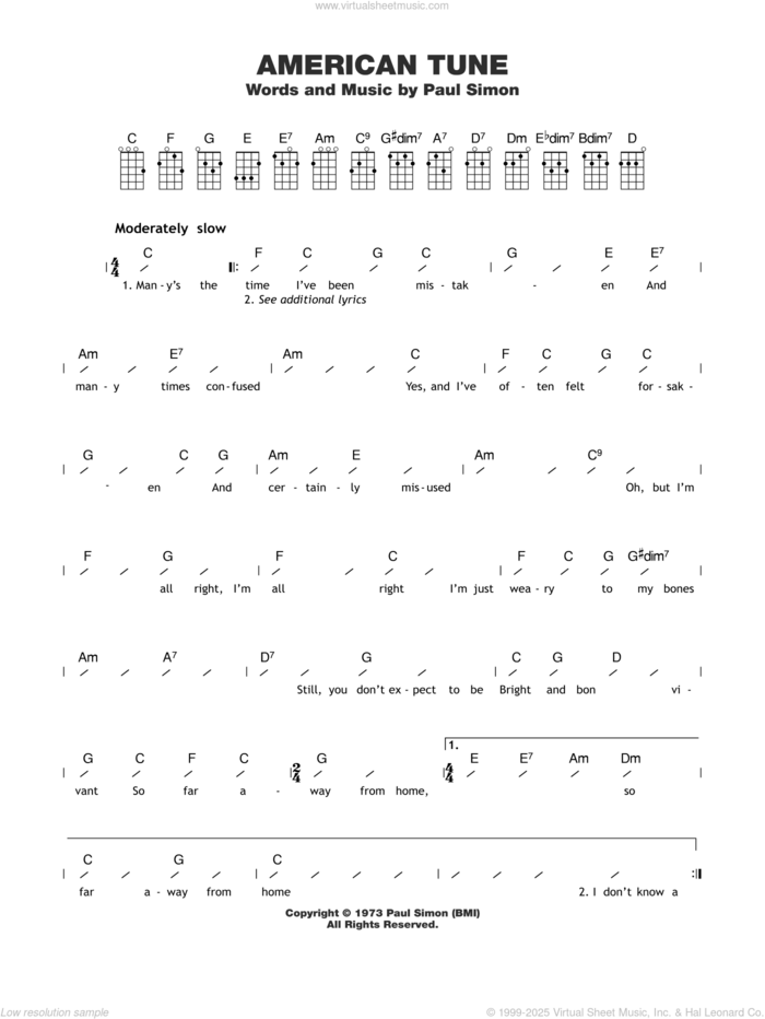 American Tune sheet music for ukulele (chords) by Paul Simon and Eva Cassidy, intermediate skill level