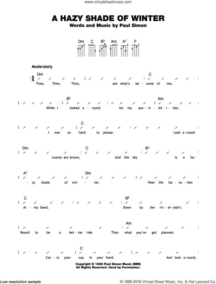 A Hazy Shade Of Winter sheet music for ukulele (chords) by Simon & Garfunkel and Paul Simon, intermediate skill level