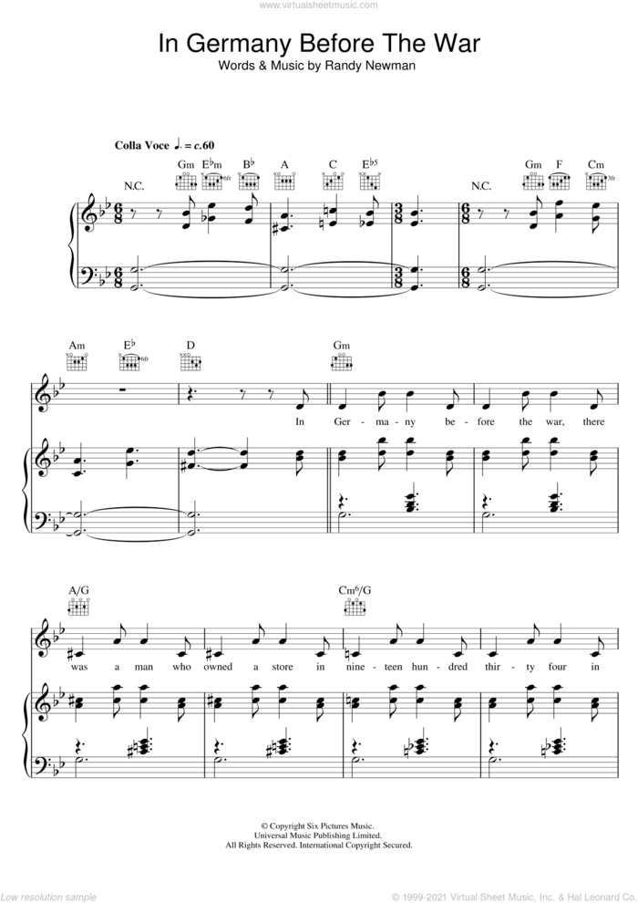 In Germany Before The War sheet music for voice, piano or guitar by Randy Newman, intermediate skill level