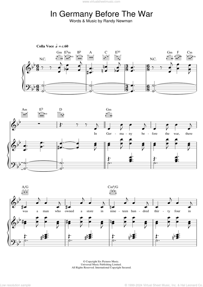 In Germany Before The War sheet music for voice, piano or guitar by Randy Newman, intermediate skill level