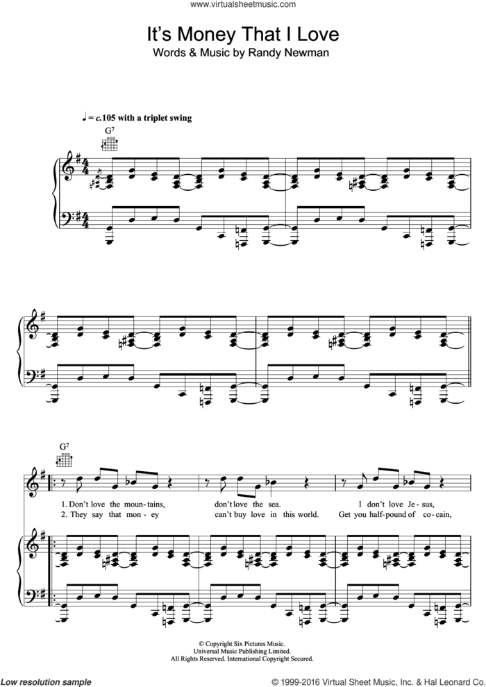 It's Money That I Love sheet music for voice, piano or guitar by Randy Newman, intermediate skill level
