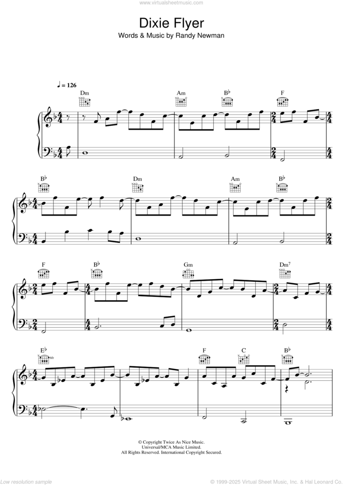 Dixie Flyer sheet music for voice, piano or guitar by Randy Newman, intermediate skill level