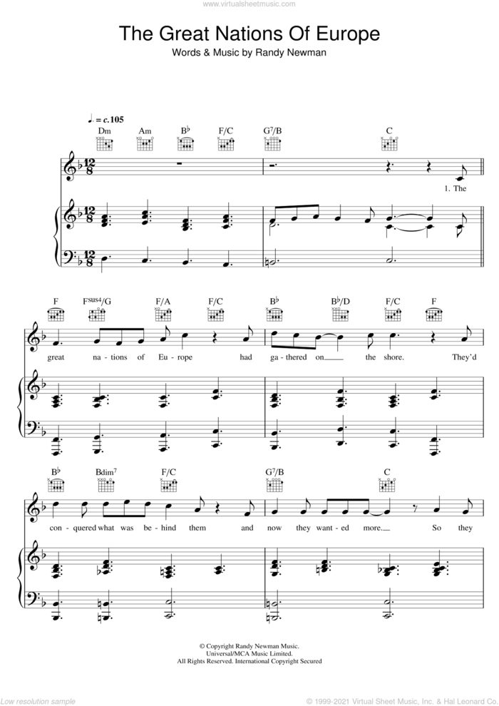 The Great Nations Of Europe sheet music for voice, piano or guitar by Randy Newman, intermediate skill level