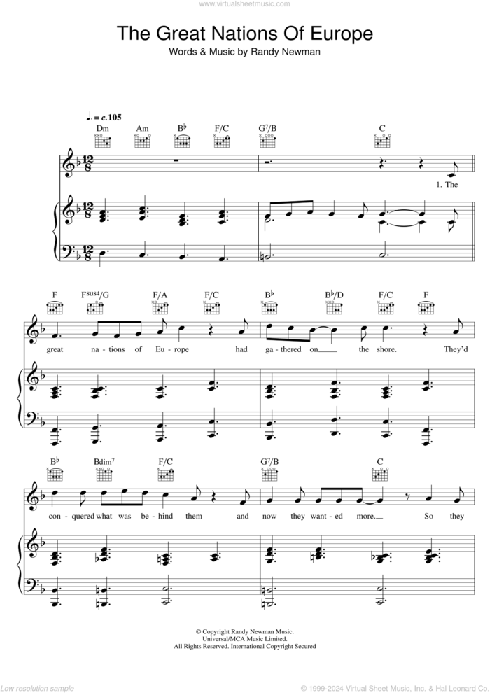 The Great Nations Of Europe sheet music for voice, piano or guitar by Randy Newman, intermediate skill level