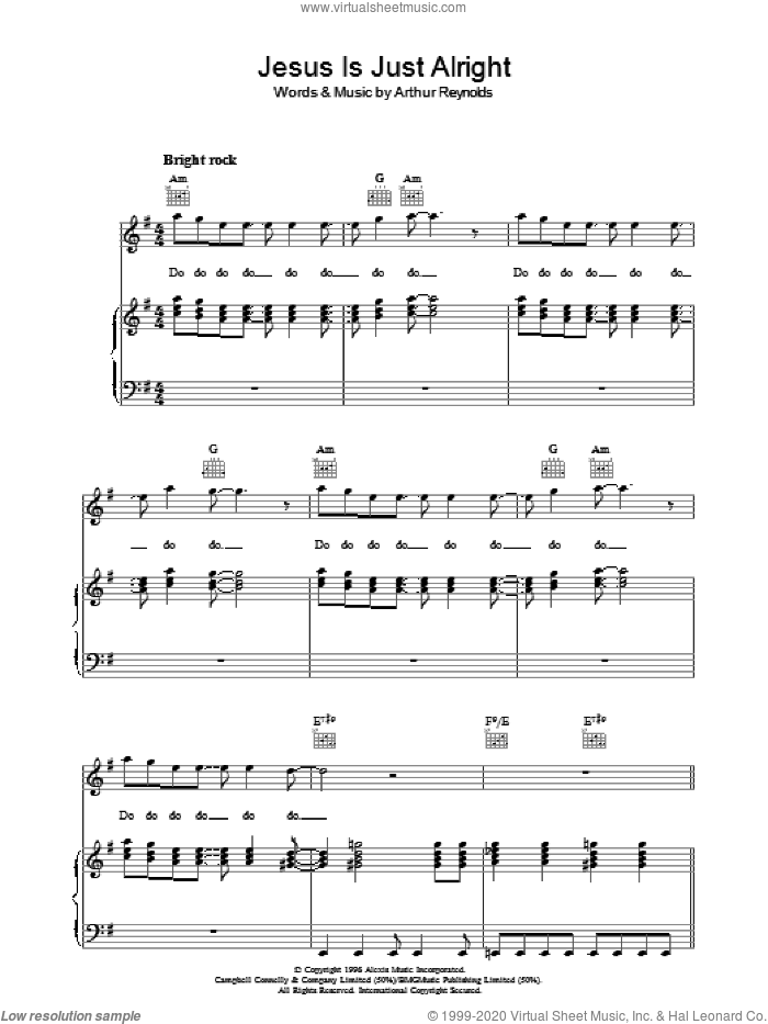 Jesus Is Just Alright sheet music for voice, piano or guitar by The Doobie Brothers and Arthur Reynolds, intermediate skill level