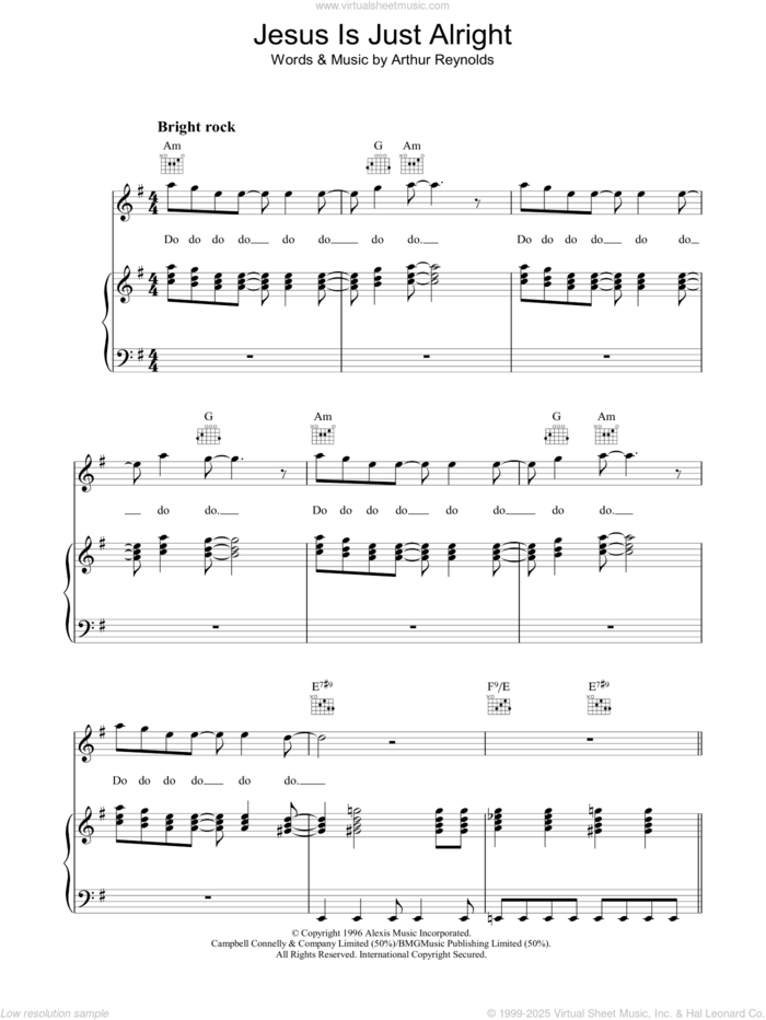 Jesus Is Just Alright sheet music for voice, piano or guitar by The Doobie Brothers and Arthur Reynolds, intermediate skill level