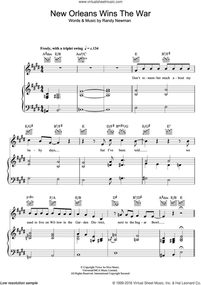 New Orleans Wins The War sheet music for voice, piano or guitar by Randy Newman, intermediate skill level