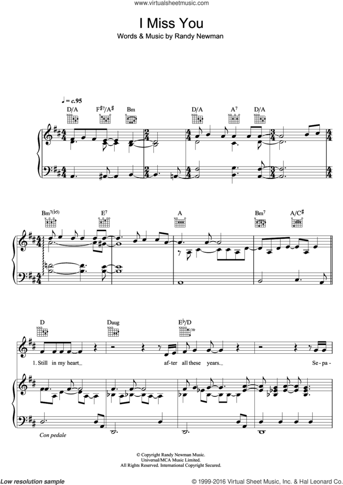 I Miss You sheet music for voice, piano or guitar by Randy Newman, intermediate skill level