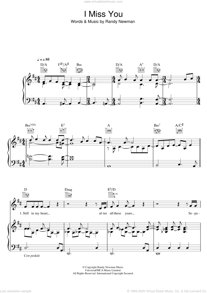 I Miss You sheet music for voice, piano or guitar by Randy Newman, intermediate skill level