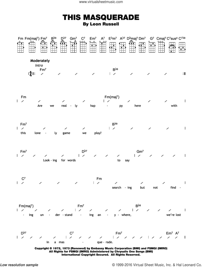 This Masquerade sheet music for ukulele (chords) by George Benson and Leon Russell, intermediate skill level