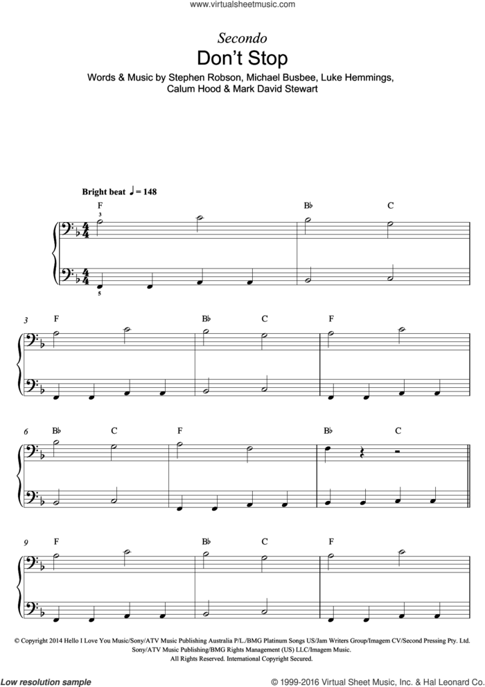 Don't Stop sheet music for piano four hands by 5 Seconds of Summer, Calum Hood, Luke Hemmings, Mark David Stewart, Michael Busbee and Steve Robson, intermediate skill level