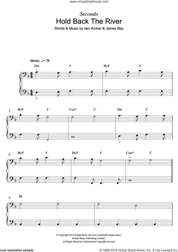 Hold Back The River, (intermediate) sheet music for piano solo by James Bay and Iain Archer, intermediate skill level