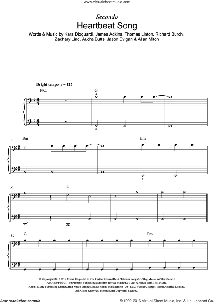 Heartbeat Song sheet music for piano four hands by Kelly Clarkson, Allan Mitch, Audra Butts, James Adkins, Jason Evigan, Kara DioGuardi, Richard Burch, Thomas Linton and Zachary Lind, intermediate skill level