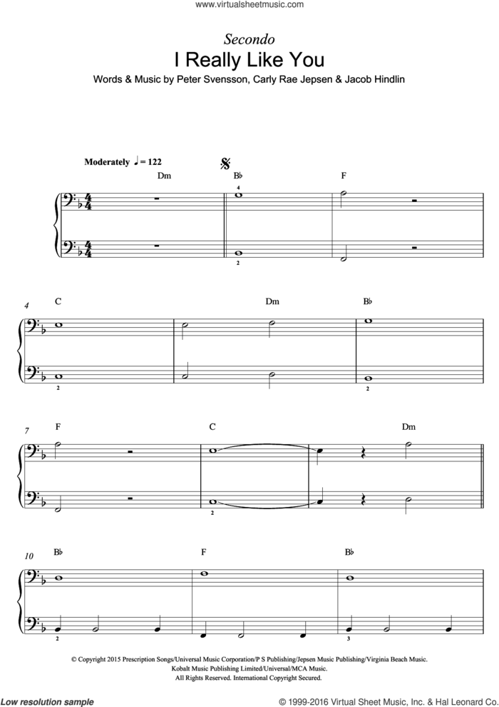 I Really Like You sheet music for piano solo by Carly Rae Jepsen, Jacob Hindlin and Peter Svensson, intermediate skill level