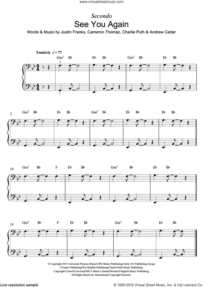 See You Again (featuring Charlie Puth) sheet music for piano four hands by Wiz Khalifa, Andrew Cedar, Cameron Thomaz, Charlie Puth and Justin Franks, intermediate skill level