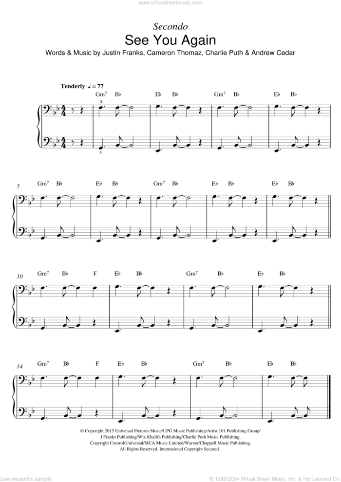 See You Again (featuring Charlie Puth) sheet music for piano four hands by Wiz Khalifa, Andrew Cedar, Cameron Thomaz, Charlie Puth and Justin Franks, intermediate skill level