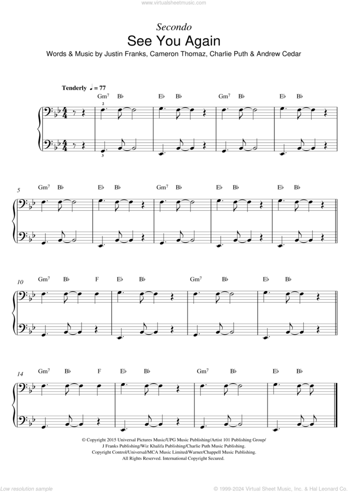 See You Again (feat. Charlie Puth) sheet music for piano four hands by Wiz Khalifa, Andrew Cedar, Cameron Thomaz, Charlie Puth and Justin Franks, intermediate skill level