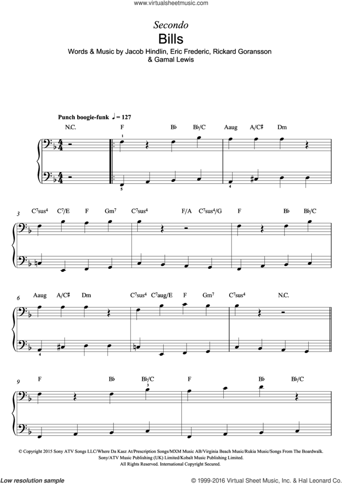 Bills sheet music for piano four hands by LunchMoney Lewis, Eric Frederic, Gamal Lewis, Jacob Hindlin and Rickard Goransson, intermediate skill level