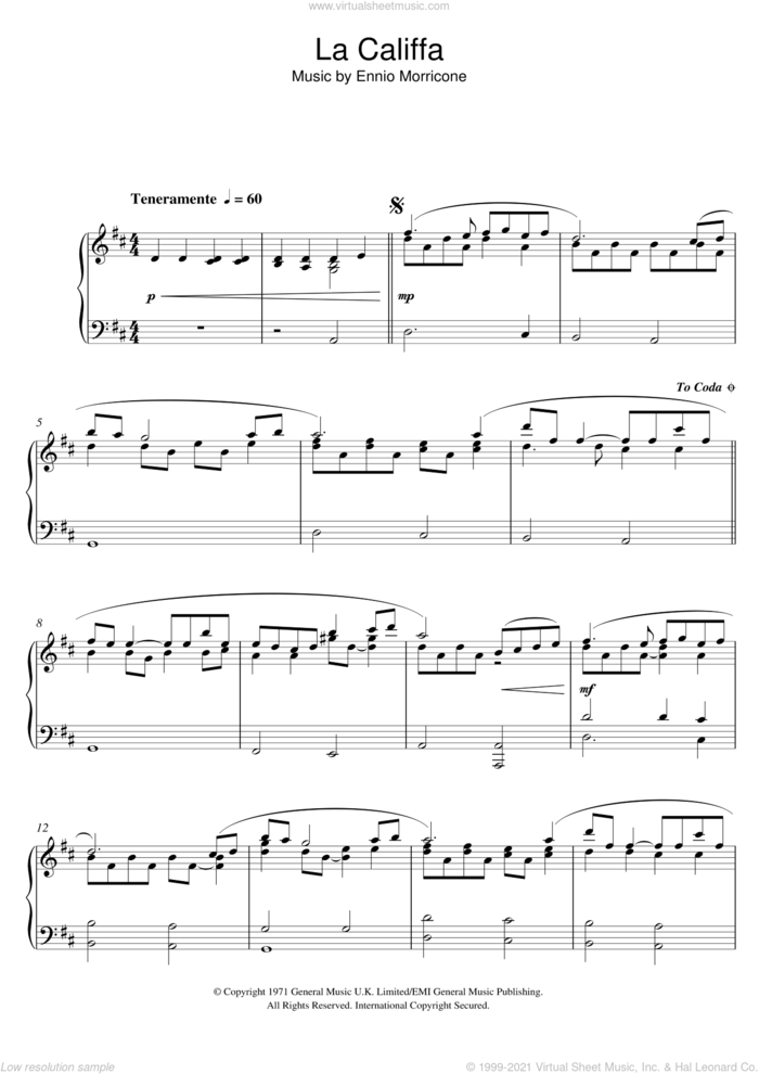 La Califfa sheet music for piano solo by Ennio Morricone, intermediate skill level
