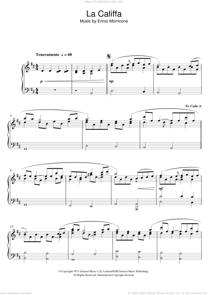 La Califfa sheet music for piano solo by Ennio Morricone, intermediate skill level