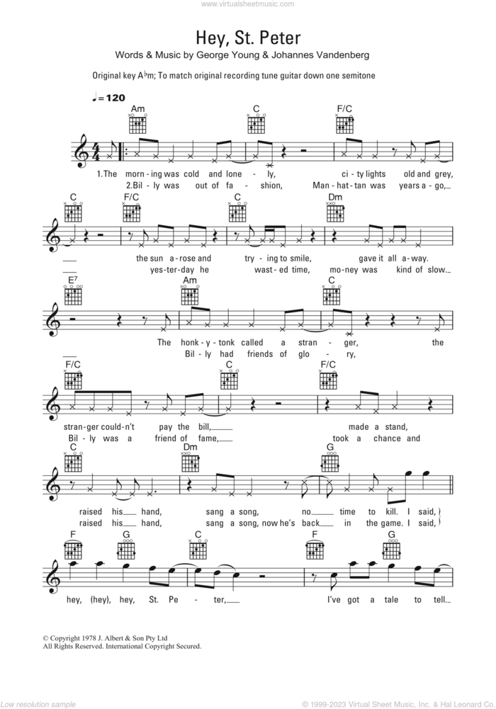 Hey, St. Peter sheet music for voice and other instruments (fake book) by Flash And The Pan, George Young and Johannes Vandenberg, intermediate skill level