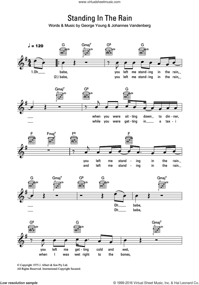 Standing In The Rain sheet music for voice and other instruments (fake book) by John Paul Young, George Young and Johannes Vandenberg, intermediate skill level