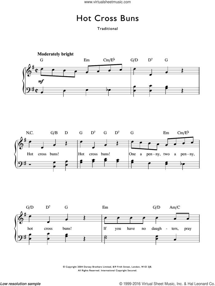 Hot Cross Buns sheet music for voice and piano by Traditional Nursery Rhyme and Miscellaneous, intermediate skill level