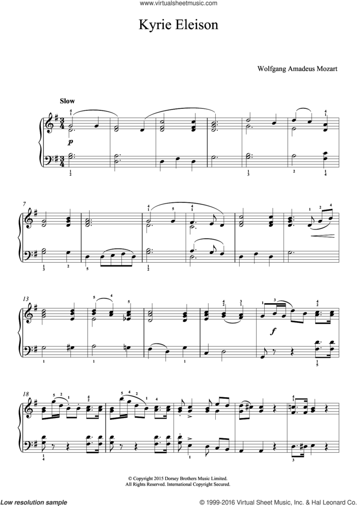 Kyrie Eleison (from 'Mass No.12') sheet music for piano solo by Wolfgang Amadeus Mozart, classical score, easy skill level