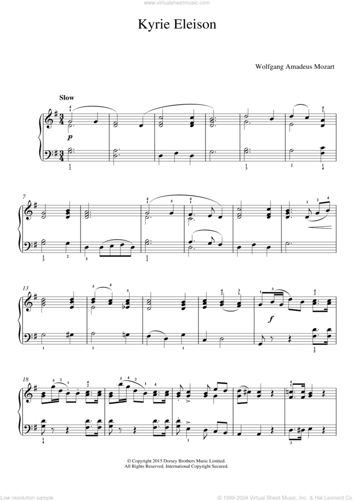 Kyrie Eleison (from 'Mass No.12') sheet music for piano solo by Wolfgang Amadeus Mozart, classical score, easy skill level