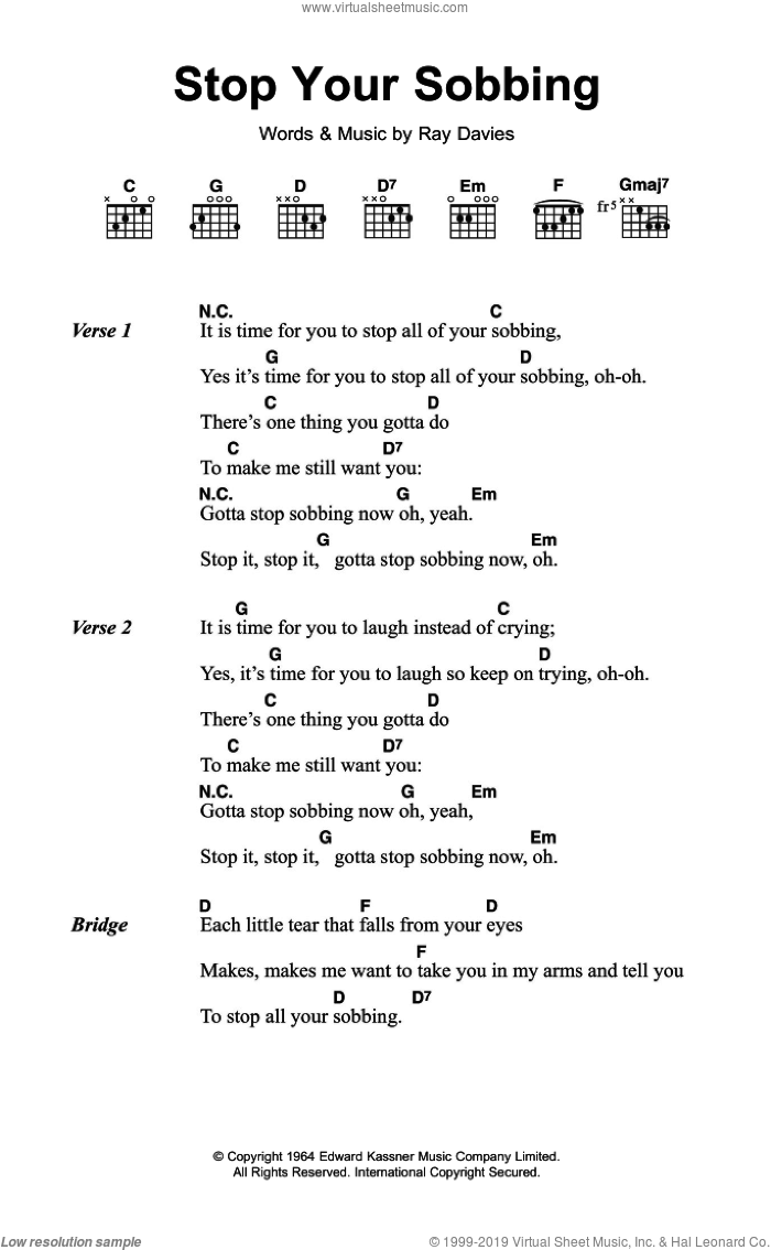 Stop Your Sobbing sheet music for guitar (chords) by The Kinks, Shania Twain, The Pretenders and Ray Davies, intermediate skill level
