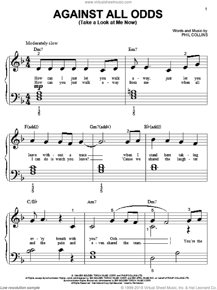 Against All Odds (Take A Look At Me Now) sheet music for piano solo (big note book) by Phil Collins, easy piano (big note book)