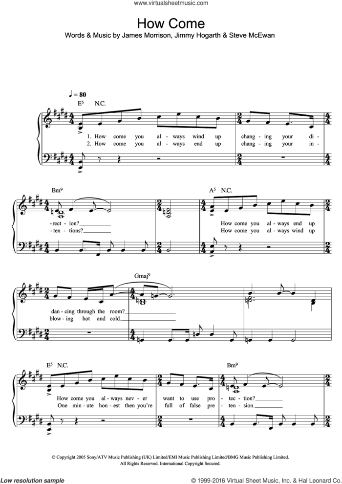 How Come sheet music for piano solo by James Morrison, James Hogarth and Steve McEwan, easy skill level