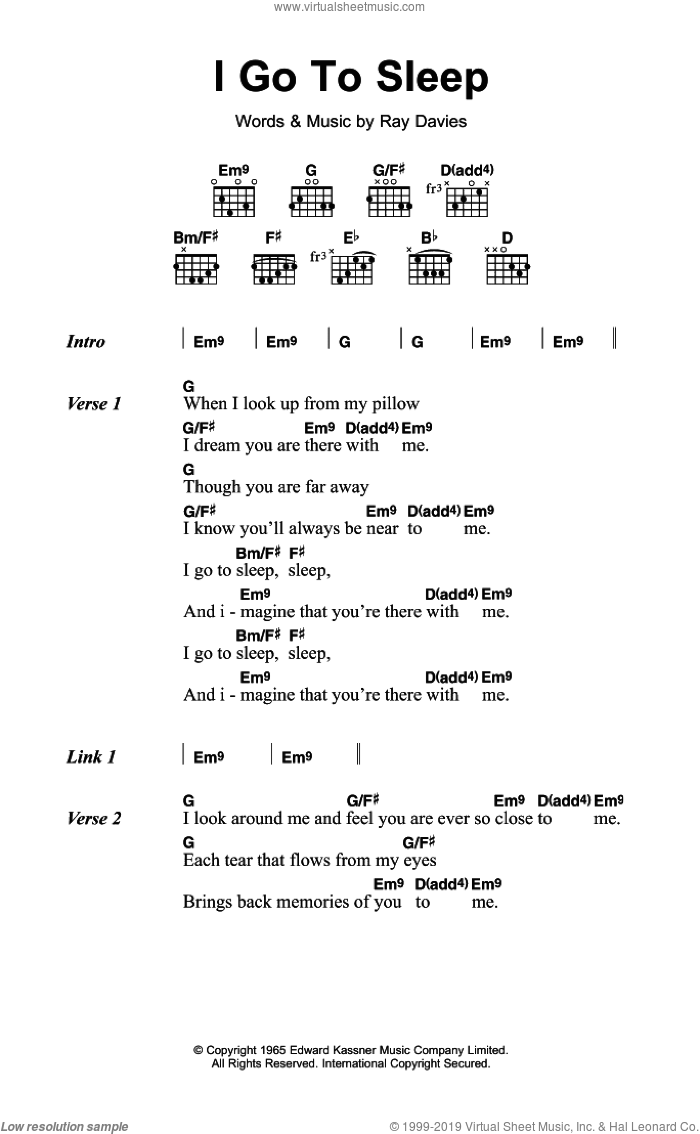 I Go To Sleep sheet music for guitar (chords) by The Kinks and Ray Davies, intermediate skill level