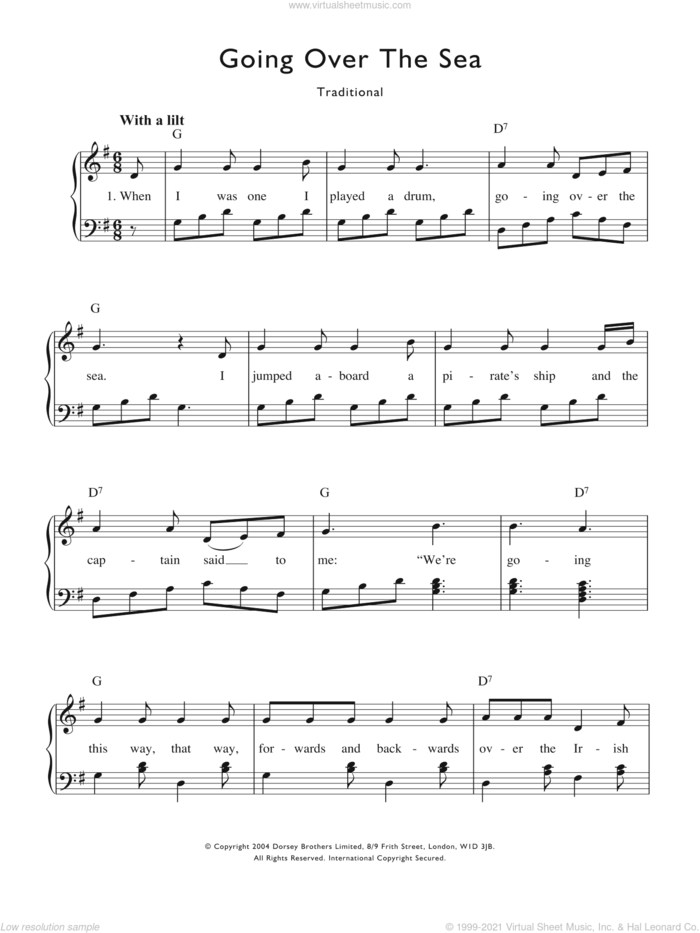 Going Over The Sea sheet music for voice and piano by Traditional Nursery Rhyme and Miscellaneous, intermediate skill level