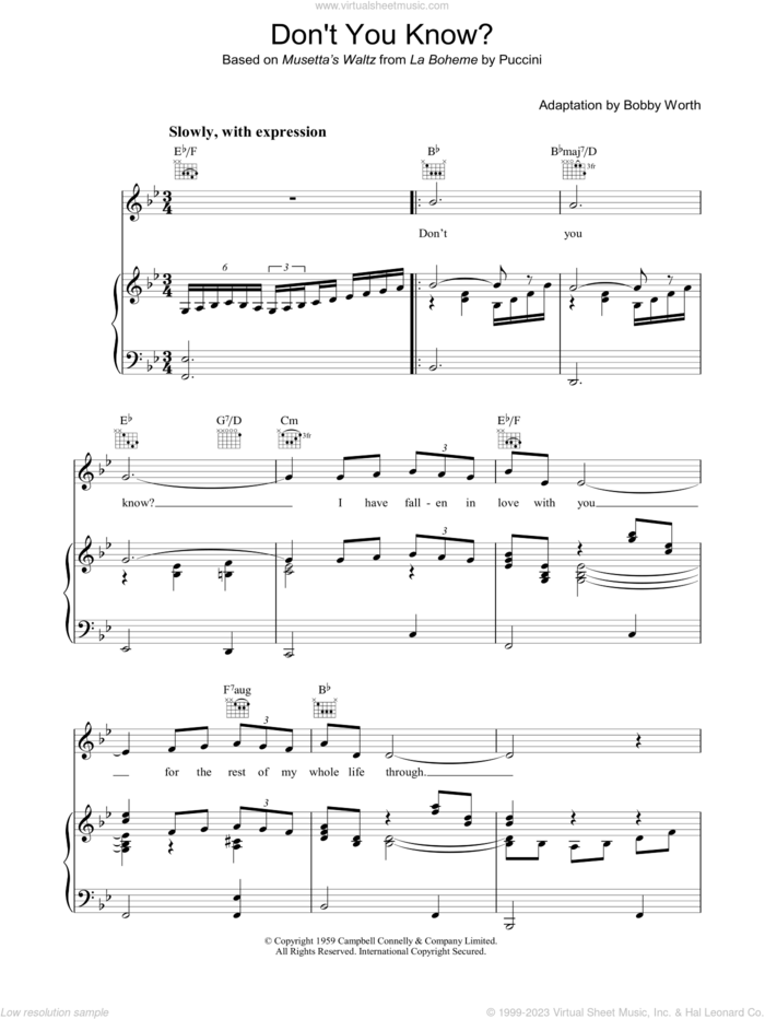 Don't You Know? sheet music for voice, piano or guitar by Della Reese and Bobby Worth, intermediate skill level