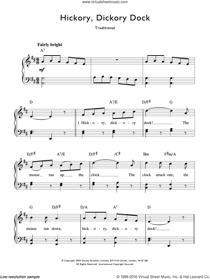 Hickory Dickory Dock sheet music for voice and piano by Traditional Nursery Rhyme and Miscellaneous, intermediate skill level